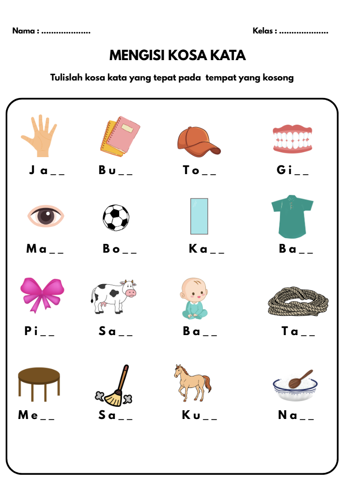 Download Mengisi Kosa Kata PDF Gratis – 32 Soal Gambar Lucu untuk TK & SD
