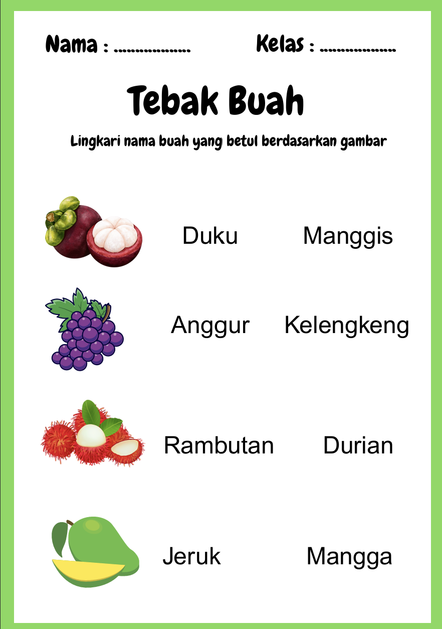 🎉 Download Gratis: Tebak Nama Buah – 20 Gambar Menarik (Format A4) untuk PAUD & SD