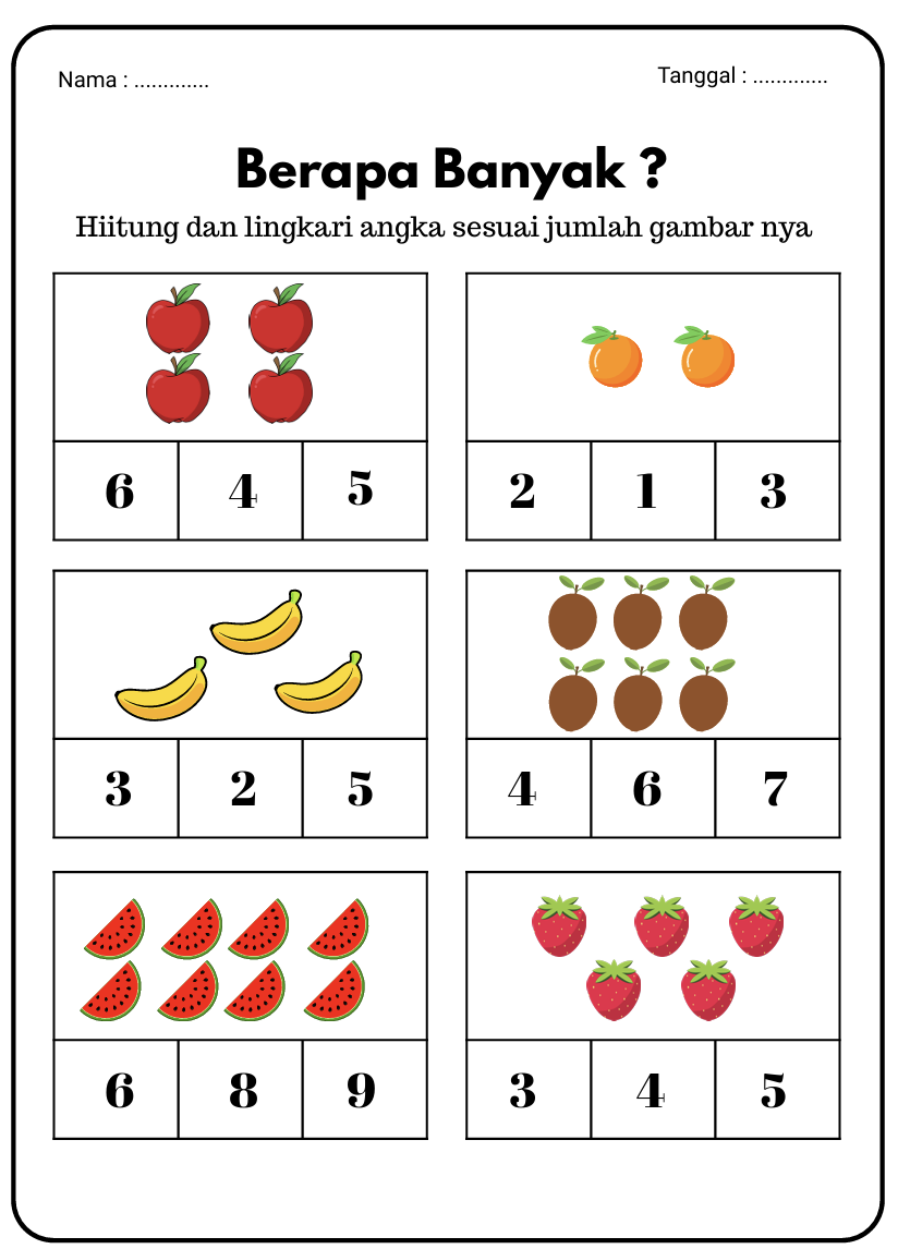 Download Gratis Worksheet: Hitung dan Lingkari Jumlah Buah (Ukuran A4)