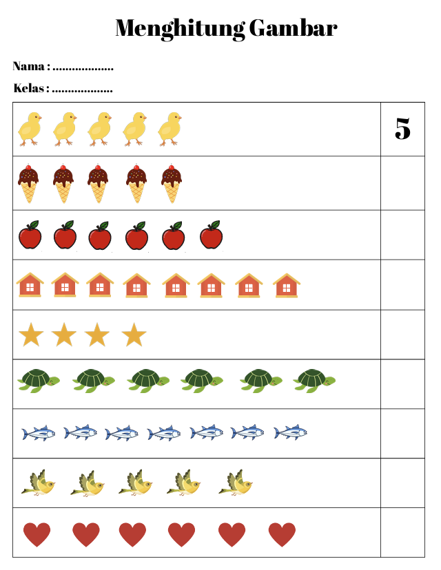 Worksheet Menghitung Gambar (Gratis, PDF, A4)