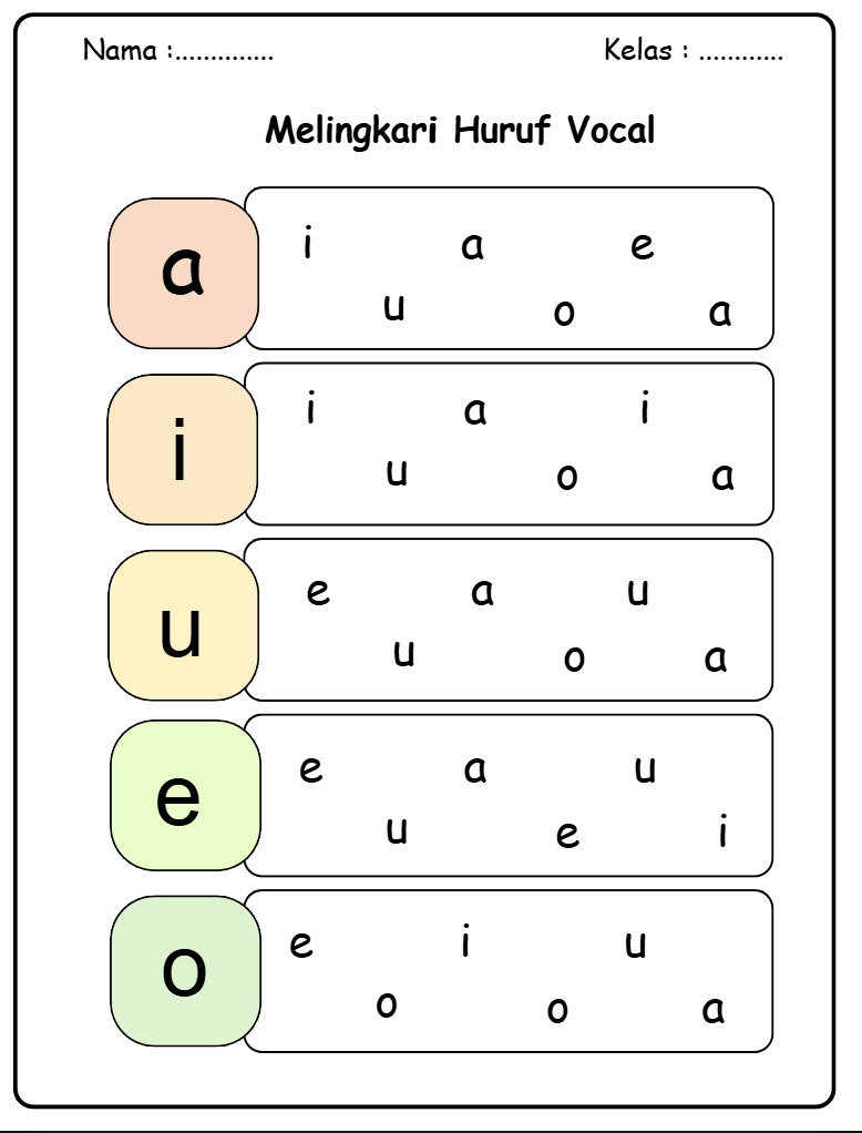 Download Gratis Lembar Kerja Melingkari Huruf Vokal (PDF) untuk PAUD, TK, dan SD
